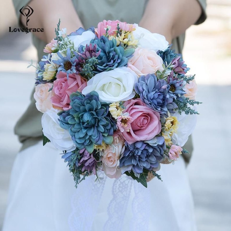 Bröllopsblommor Lovegrace Bride Bouquet Rose Flower Pink Blue Bohemian Romantic Artificial Silk Dahlia Bouquets2779