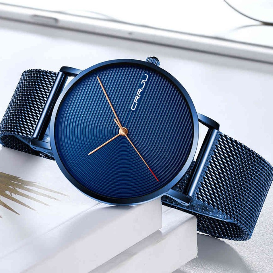 Montre pour hommes CRRJU mode minimaliste bleu Waches pour hommes Ultra-mince bracelet en maille montre décontracté étanche montre-bracelet cadeau pour Me285t