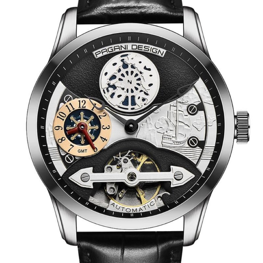 43 мм дизайн Pagani с черным циферблатом, роскошные мужские повседневные модные мужские автоматические механические часы с черным кожаным ремешком211Y