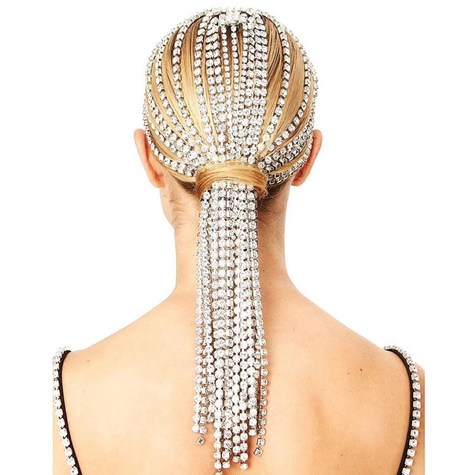 StoneFans Accessori capelli con strass alla moda Catena gioielli da donna Elegante fascia capelli con nappa in cristallo pieno Copricapo a catena lunga W01292U