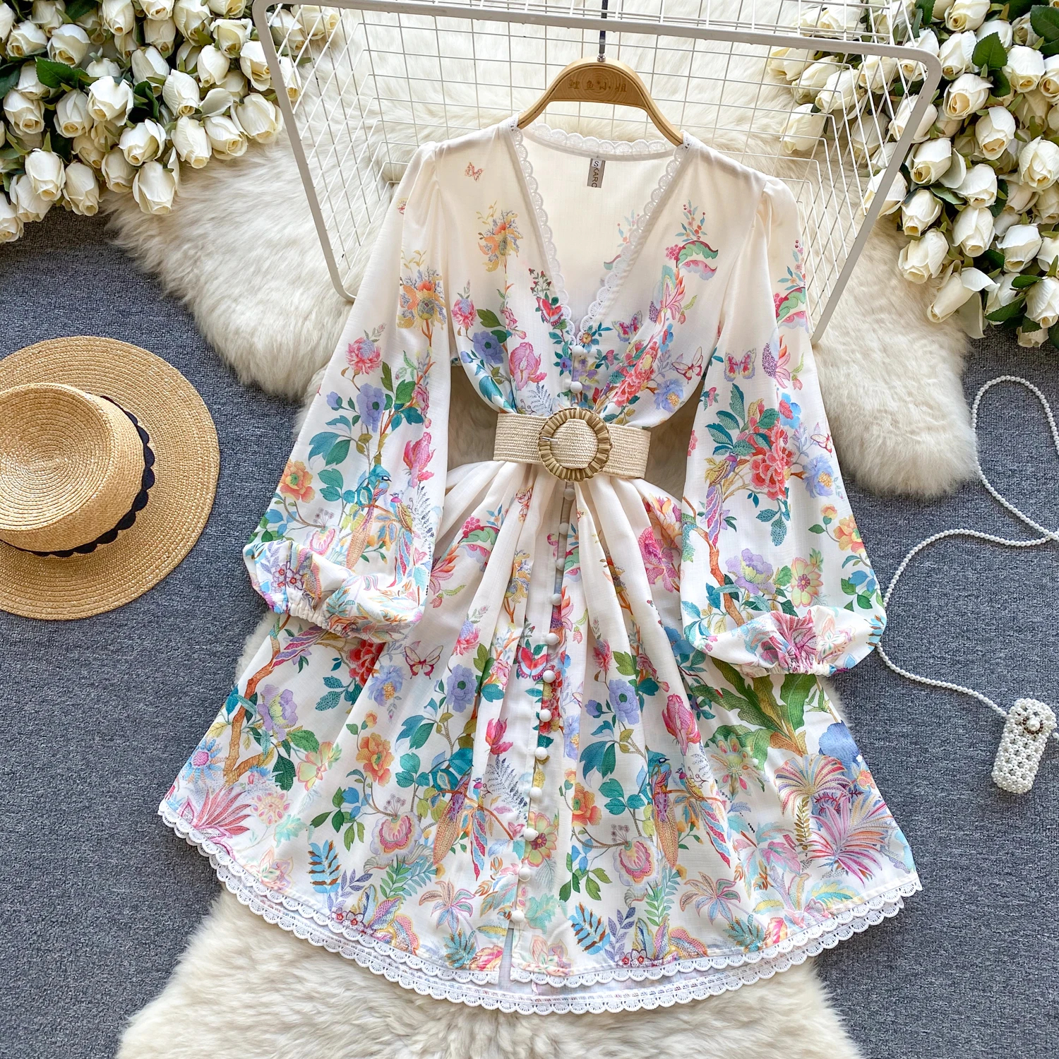 Vestidos casuais primavera moda férias flor pintura impressão vestido mulheres longa lanterna manga v-pescoço renda hem botões cinto mini vestido2024