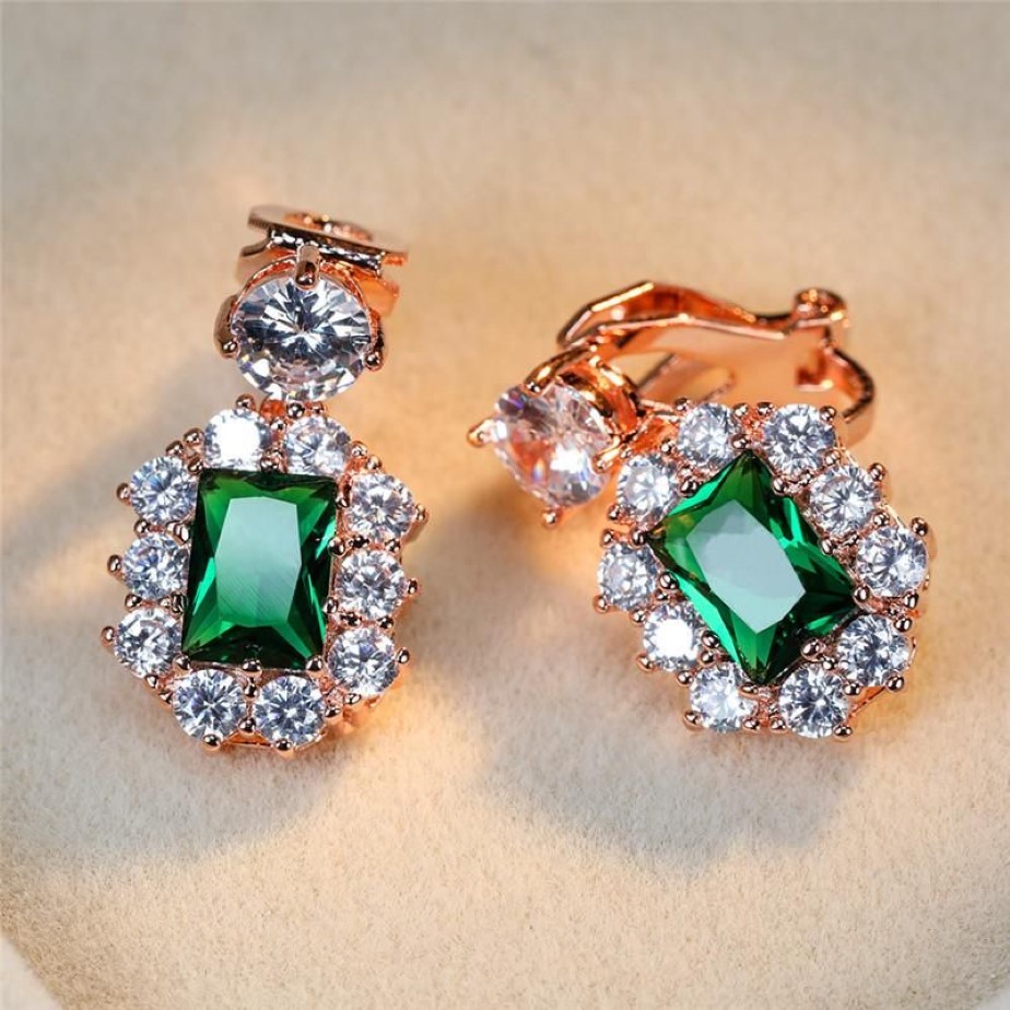 Boucles d'oreilles à Clip à vis pour femmes, luxe, cristal vert, breloque, or Rose, argent, bleu, rouge, pierre de Zircon, mariage, 263G