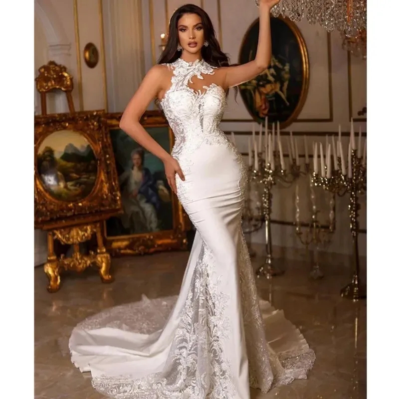 2024 Dubaï Luxe Sirène Robes De Mariée Plus La Taille Col Haut Appliques Robe De Novia Appliqued Robes De Mariée Sur Mesure YD