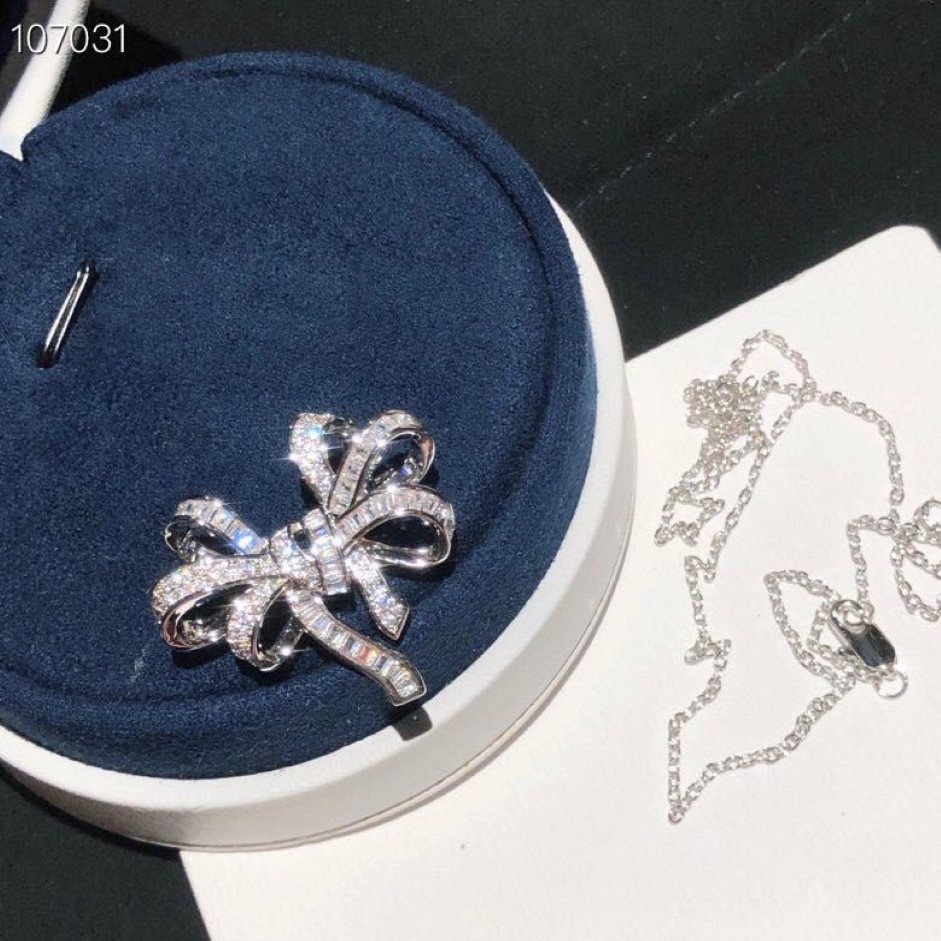 Luxe Merk Designer Hanger Charme Ketting S925 Sterling Zilver Volledige Crystal Vlinder Boog Knoop Broche Voor Vrouwen Jewelry235m