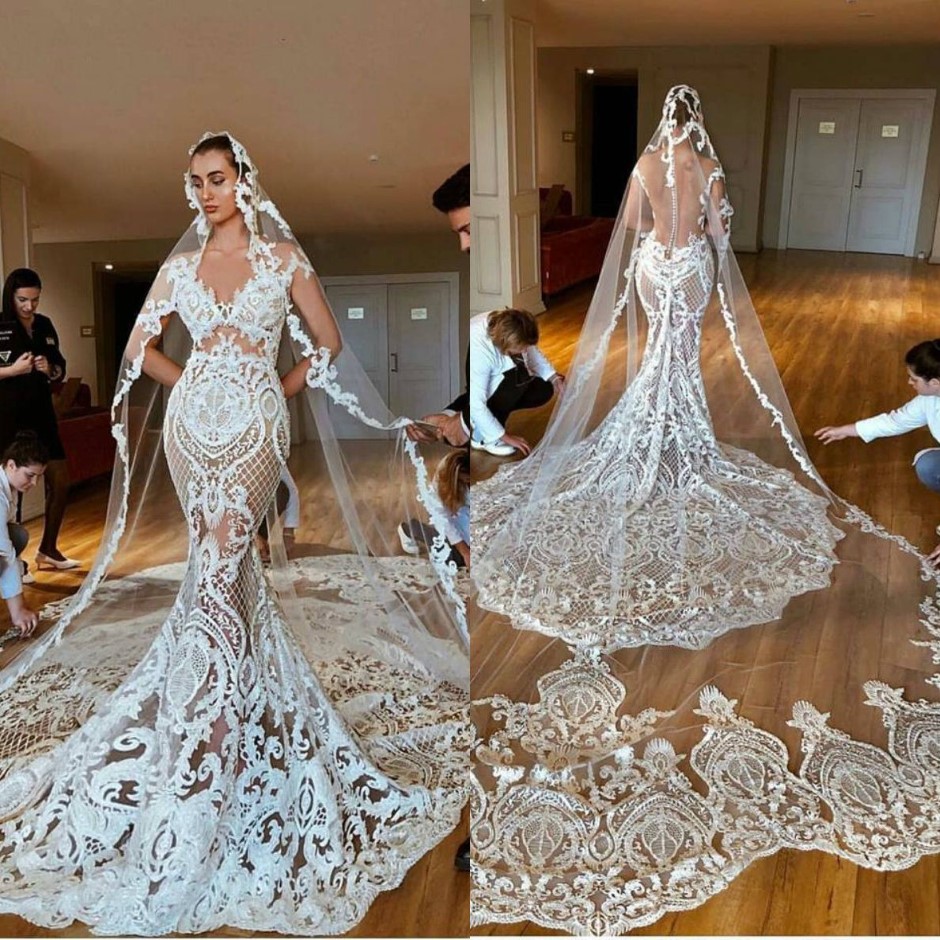 Lindo sereia vestidos de casamento sem mangas com decote em v rendas vestidos de noiva botão coberto de volta plus size árabe saudita dubai vestido de n2605