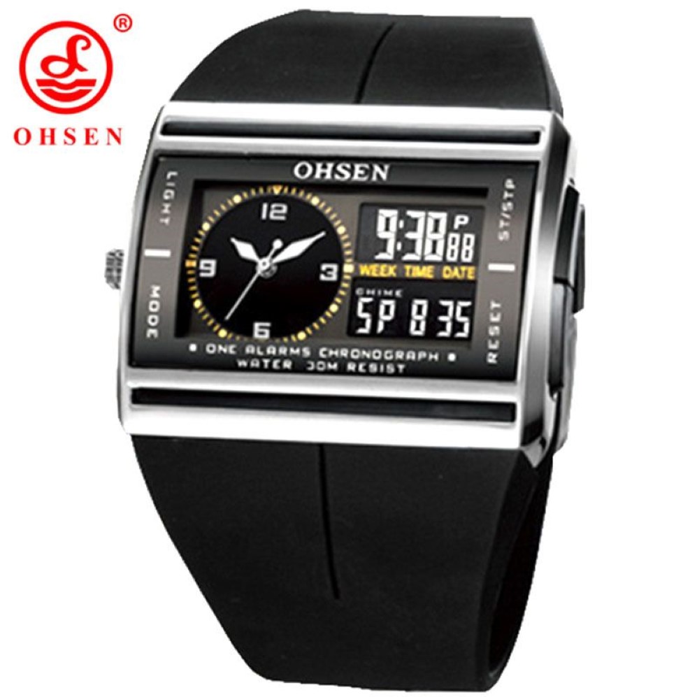 Бренд OHSEN, цифровые двухъядерные часы с ЖК-дисплеем, водонепроницаемые спортивные часы на открытом воздухе, будильник, хронограф с подсветкой, черные резиновые мужские наручные часы L201G