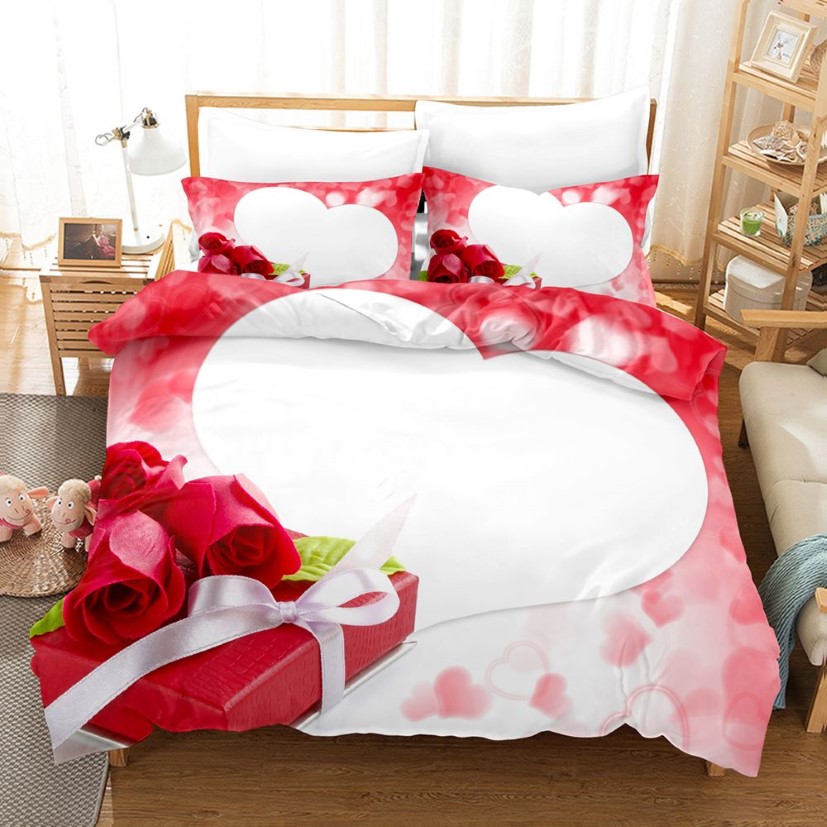 新しい3Dプリントの寝具セットの低コストの供給バレンタインデーのテーマ布団は、恋人向けの贈り物をカバーし、枕カバー