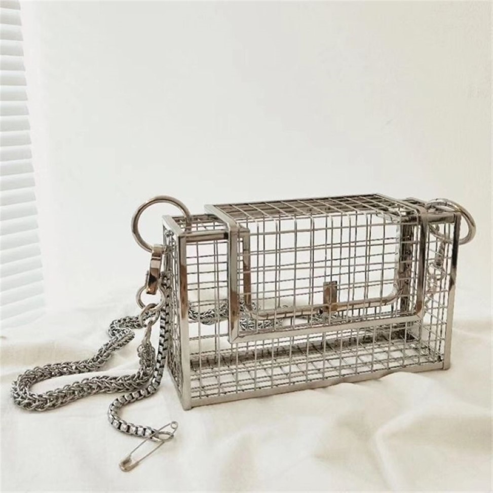 INS Hollow Out Clutch Bird Women Handbag Tote Metal Cage Girls Top-Handle Bags Purse Fashion Party Pouch Evening Bag Y201224322q