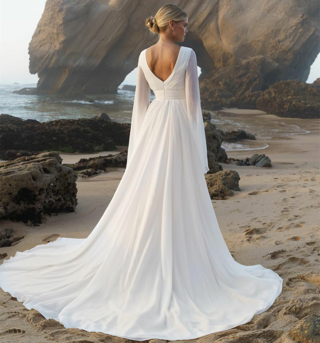 Vintage longo chiffon com decote em v plissado vestidos de casamento de praia com cabo a linha marfim trem varredura vestido de noiva com zíper voltar vestido de novia vestidos femininos