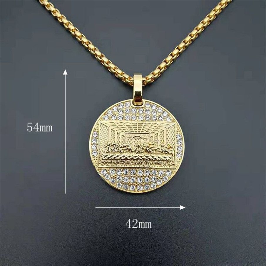 Rvs Laatste Avondmaal Hanger Goud Kleur Iced Out Bling Zirkoon Ronde Ketting Voor Mannen Vaderdag Cadeau Hip Hop Jewelry249y