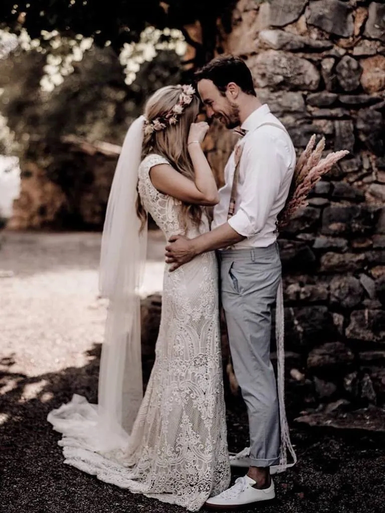 Abiti da sposa bohémien vintage con scollo a sirena e scollo a V, maniche ad aletta, pizzo di cotone, campagna, bosco, abito da sposa YD