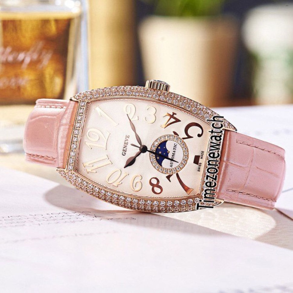 Nueva colección para mujer CINTReE CURVEX 7500 Oro rosa Bisel de diamantes Esfera texturizada plateada Fase lunar Reloj de cuarzo suizo para mujer L198f