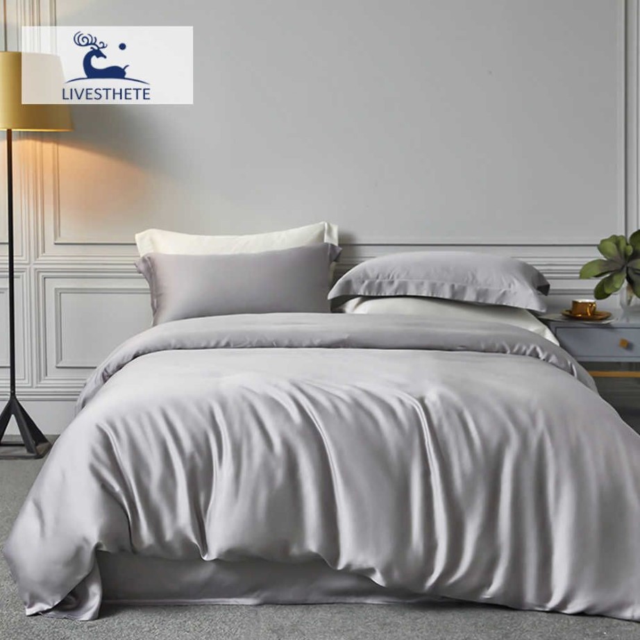 Liv-Esthete Set di biancheria da letto grigio in seta naturale al 100% Copripiumino Lenzuolo piatto Decorazioni la casa Set di biancheria da letto matrimoniale di lusso Queen King T200814227u