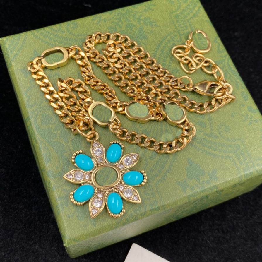 Blue Flower Shape Rhinestone Pendant Halsband Antik bronskedja lyxhalsband modevarumärkesdesigner för kvinnliga tjej damer w203q