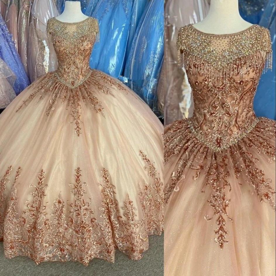 2021 Arabisch Sexy Rose Gold Lovertjes Kant Quinceanera Baljurk Jurken Sweetheart Kristal Kralen Sweet 16 Party Dress Prom Avond 255I