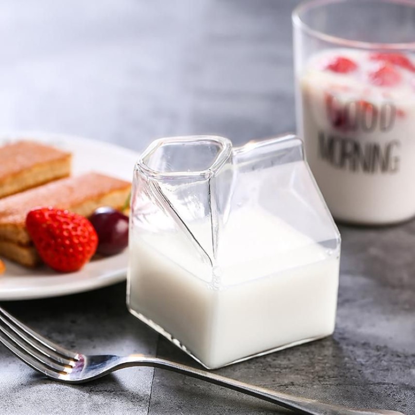 10 5x7x7cm Square Glass Milk Carton Cup Container Cream Bottle Mini Cartoon Drawing Water Wine Glasses2307