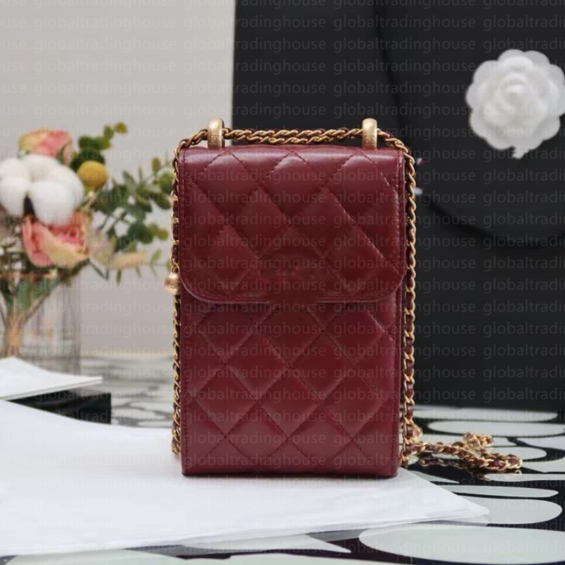 Popular mobile phone bag paired with two small golden ball pendants, classic design diamond patterned crossbody bag for easy carrying Cellphone Pouch