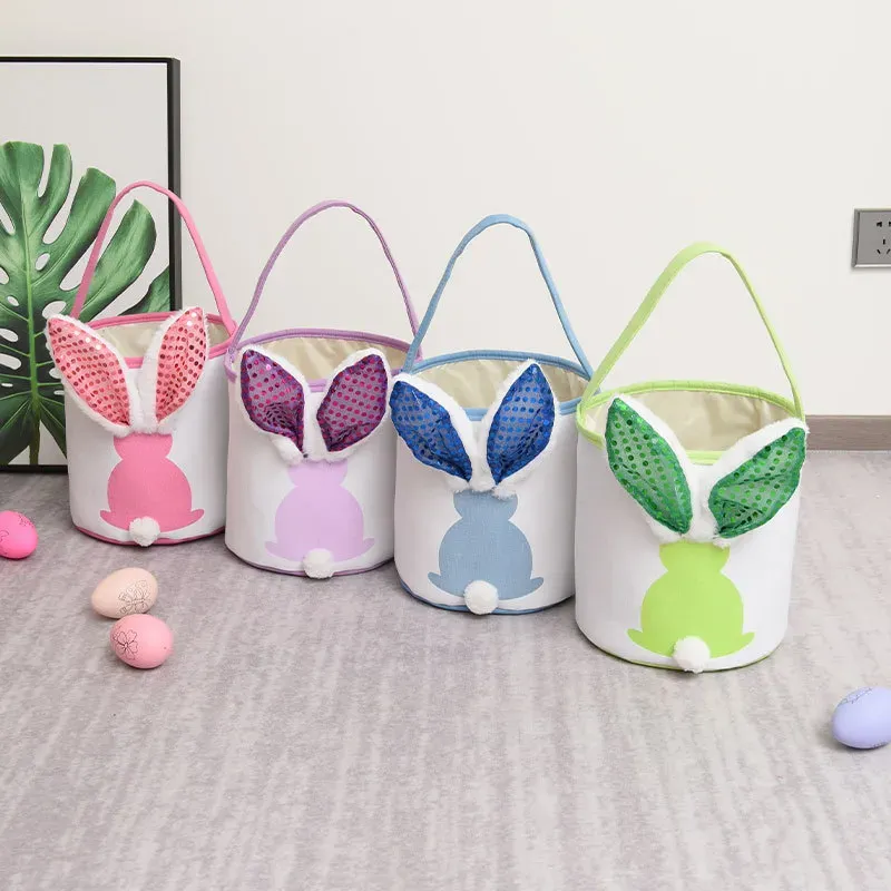 LED Flashing Light Sequin Bunny Easter Basket Handbag Bags Rabbit Egg Basket Hunt Bags Canvas Cotton Bucket Tote With Fluffy Tail For Kids Party Decoration & Daily Use