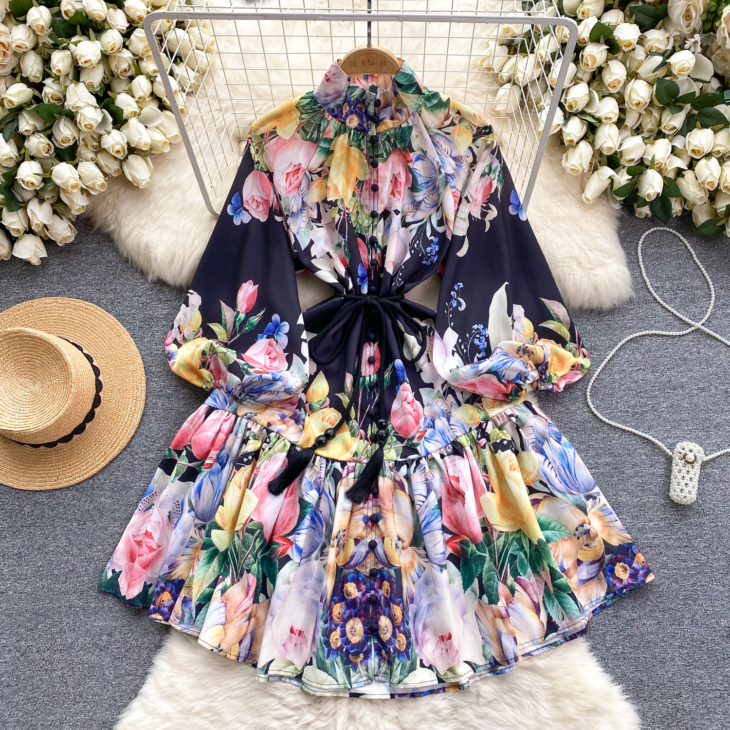 Grundläggande casual klänningar Summer Designer Runway Linen Dress Women's Stand Long Sleeve Single Breasted Floral Print Belt Lace Up Boho Mini Vestido 2024