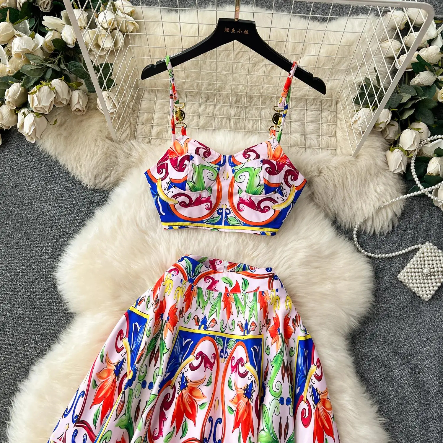 Summer Runway Two Piece Dress Summer Runway Holiday Outfits Women's Short Spaghetti Strap Metal Buckle Crop Tops Long Maxi Kjol Semester Set 2024