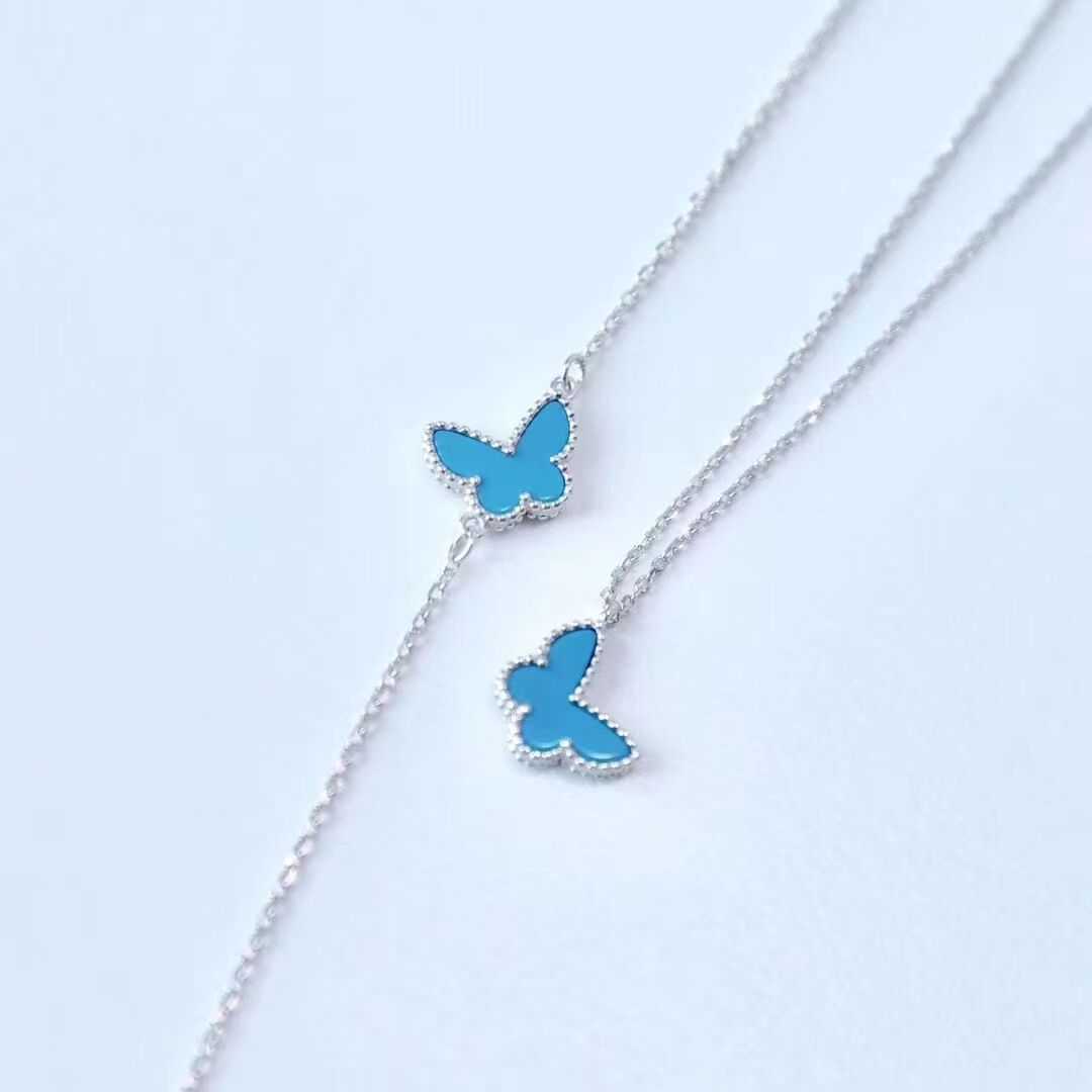 V Necklace 925 sterling silver Fanjia turquoise butterfly necklace plated with 18K white gold blue agate small butterfly bracelet earrings