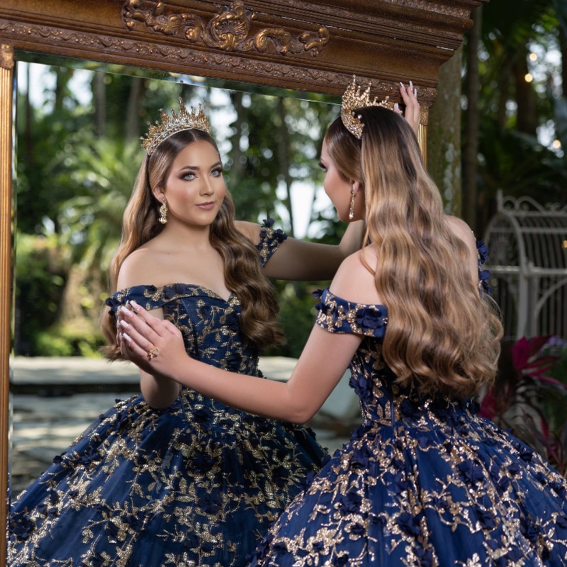 Azul marinho fora do ombro 3d flores vestido de baile quinceanera vestidos babados lantejoulas apliques rendas espartilho vestidos de 15 anos