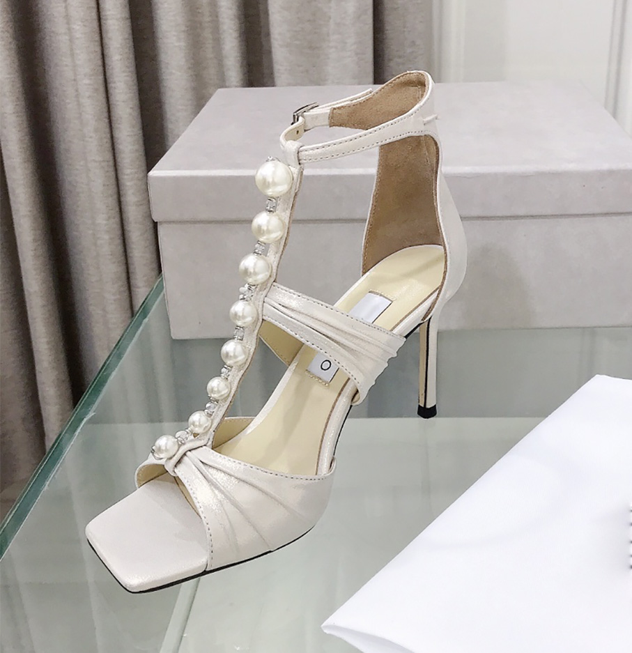 Elegant New Pearl High Heel Sandals Designer Square Head Open Toe Fashion Shallow Mouth Sexy Wedding Shoes Women's Single Shoes