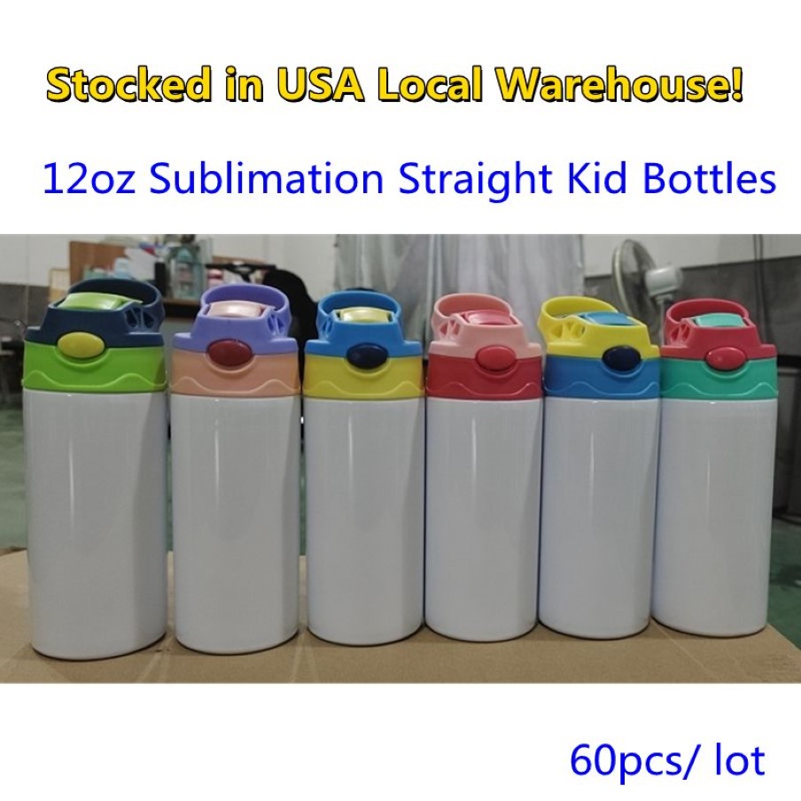 USA Stocks SubliMation Straight Kid Water Bottles Tumblers Blanks 350 ml 12oz Sippy Cup Heat Transfer Coated Cartoon Double Wall St2066