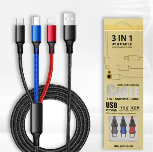 Väv 3 i 1 USB -kabeltyp C -kabel för Samsung Xiaomi laddningskabel Fit iPhone 14 13 12 x 11 Pro Max Charger Micro USB -kabel med paket