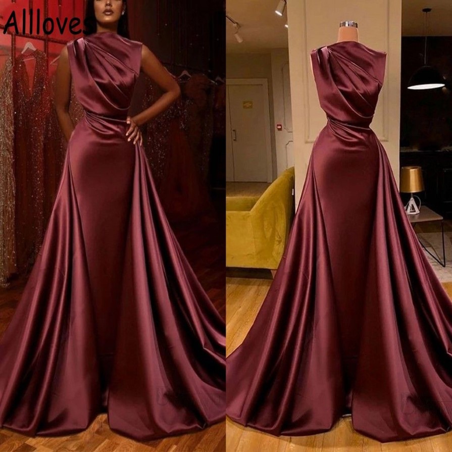 Burgundy Elegant Satin Ruched Evening Dresses With Detachable Train Long Sleeves Prom Party Gowns Arabic Aso Ebi Women Formal Occa300s