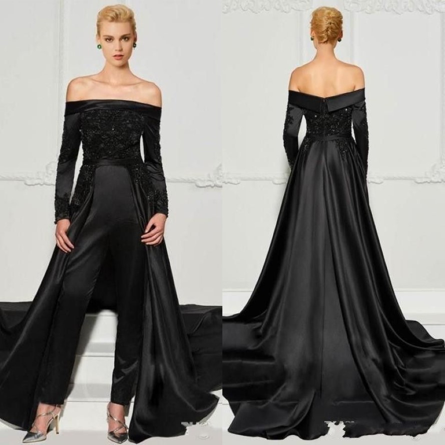 2022 Черные кружевные комбинезоны Вечерние платья со съемным шлейфом с плеча Вечерние платья из бисера с длинными рукавами и блестками для выпускного вечера Dr254W