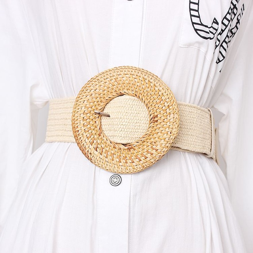 Wooden Buckle Dress Belt For Women Casual Female Braided Wide Strap Female Designer Woven Girls Elastic PP Straw Belts BZ339 Y1912240E