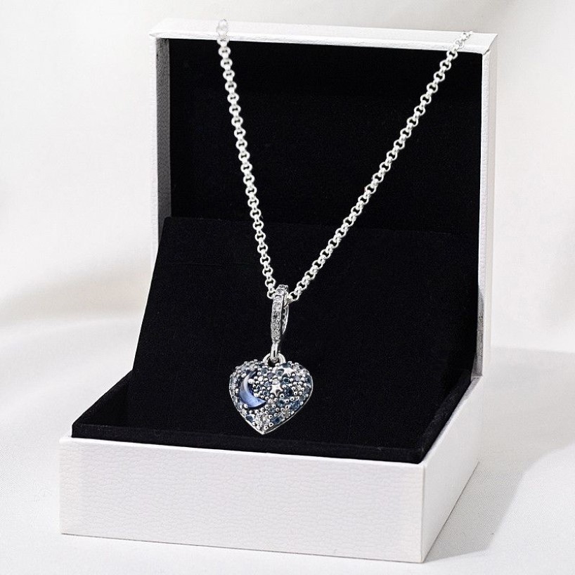 2020 Christmas Sparkling Blue Moon and Stars Heart Necklace 925 Sterling Silver Jewelry chain Pendant Necklaces For Women Men Q012277W