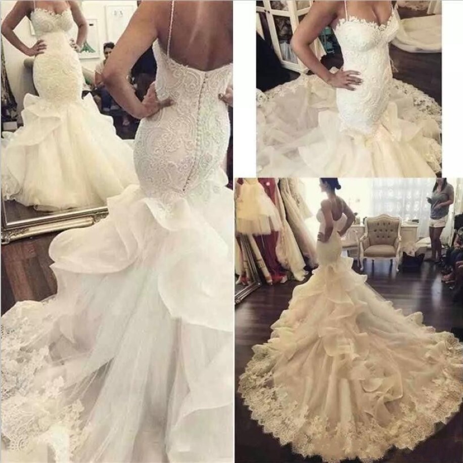 Nueva capilla tren sirena vestidos de novia sexy correas espaguetis encaje cariño vestidos de novia volantes vestido de trompeta vestidos de novi216b