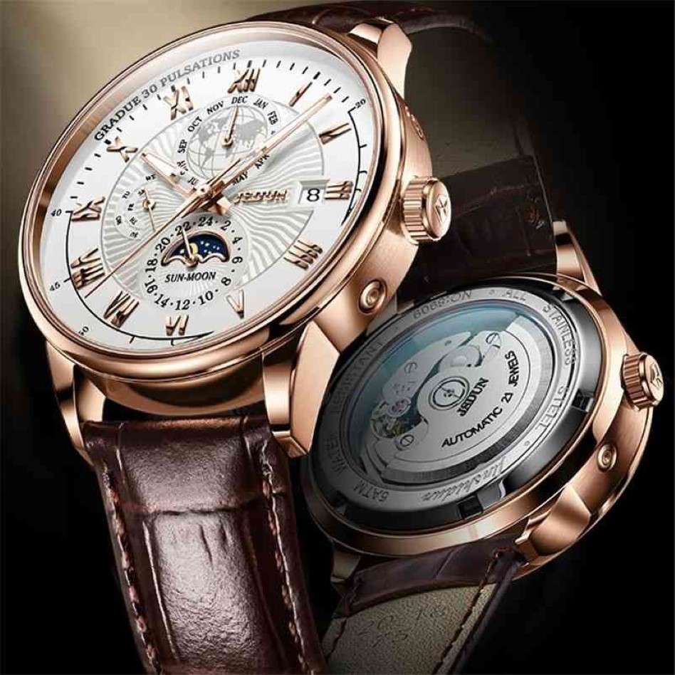 JSDUN Men Mechanical Watch Top Brand Luxury Automatic Watch Leather Waterproof Sports Moon Phase Wristwatch relogio masculino 2103219u