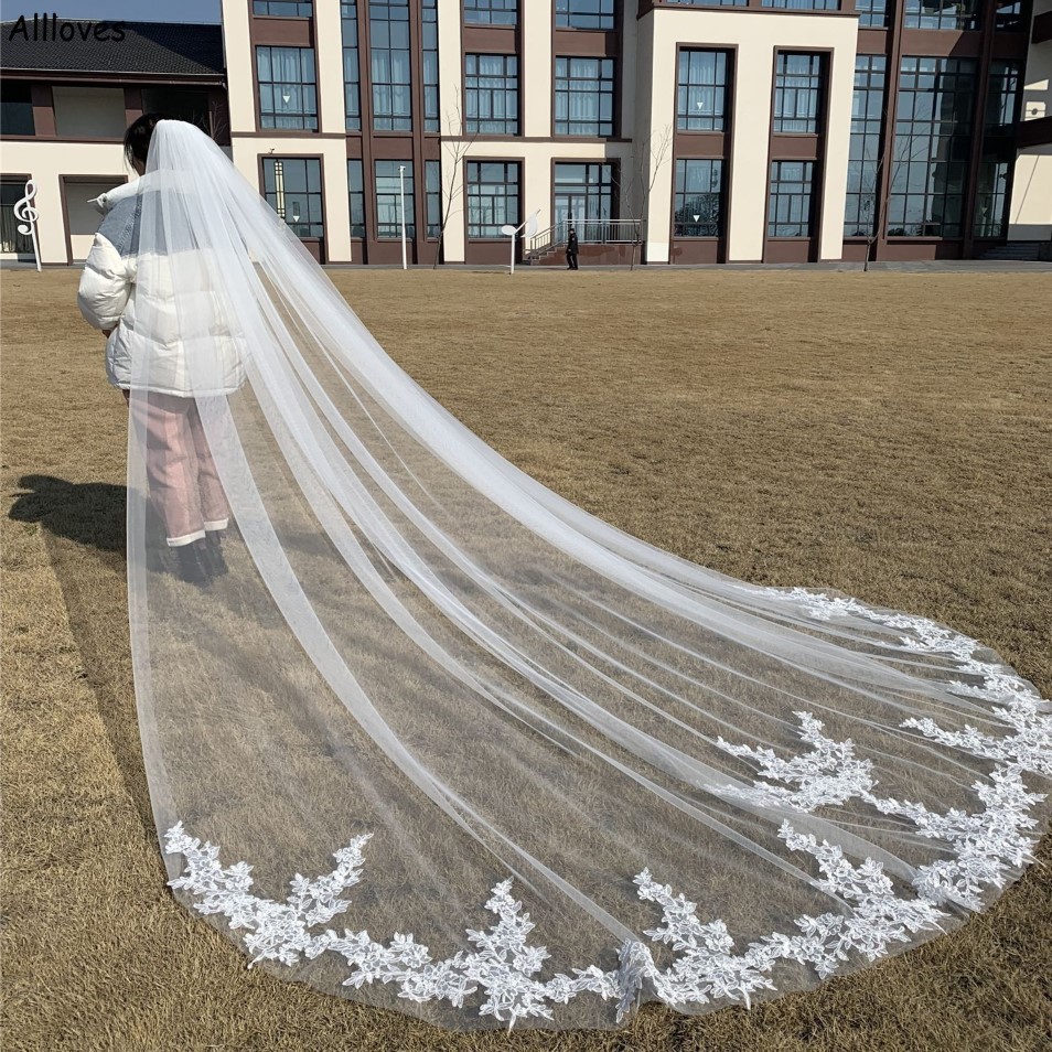 Na moda branco marfim laço apliques véus de casamento para noiva com pente elegante uma camada tule longo 3m 3 5m 4m 5m véu de noiva headpie327p