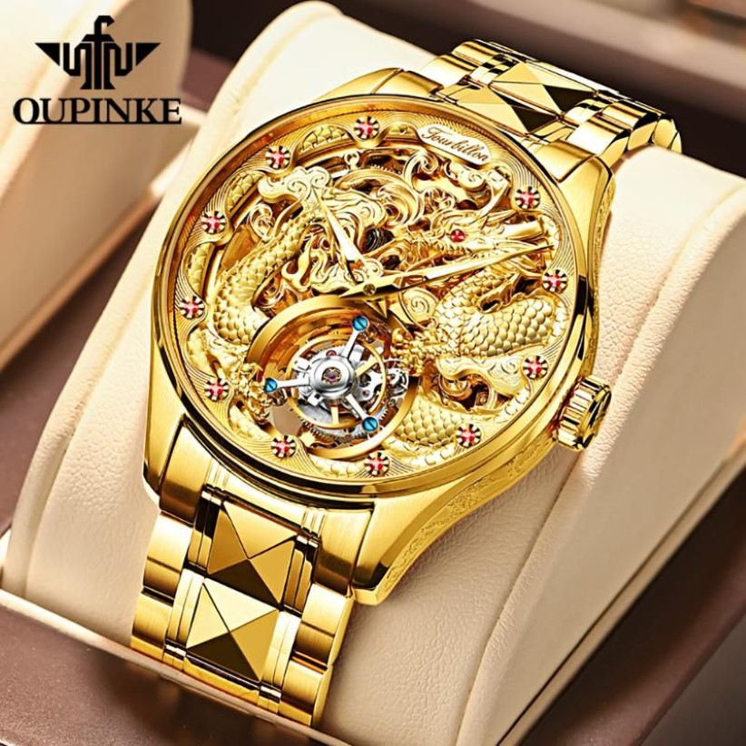 Luxury Gold Dragon Automatisk klocka för män Mekanisk Tourbillon Sapphire Waterproof Top Brand Wristwatch Transparent Wristwatches2867