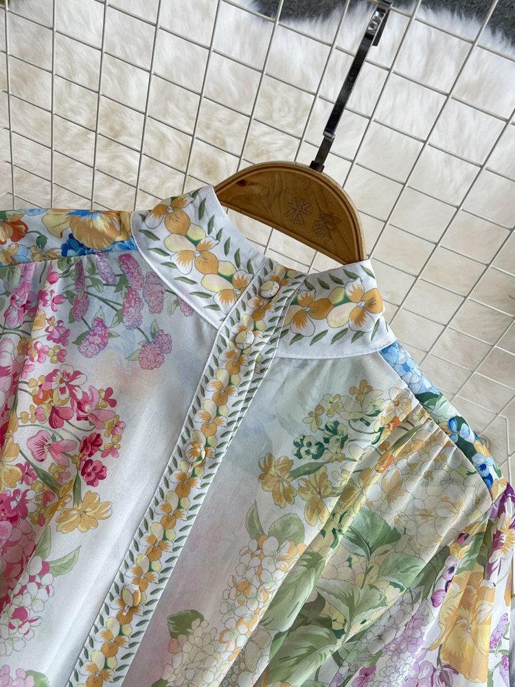 Robes décontractées 2024 Mode Bohème Fleur Maxi Robe Femme Stand Longue Lanterne Manches Simple Boutonnage Imprimé Floral À Lacets Lâche Boho Robe