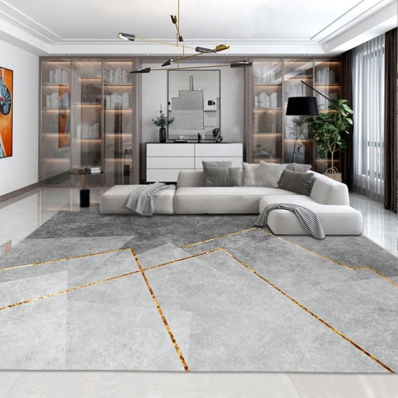 カーペットノルディックジオメトリグレー、ゴールドラインの大きなエリアラグソフトラムベルベットカーペットとリビングルームの厚い寝室の装飾265y
