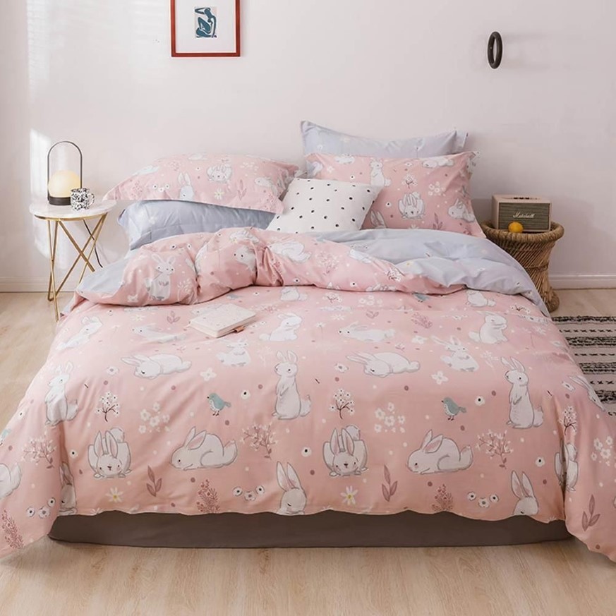 Lapin blanc lapin rose housse de couette ensemble linge de lit en coton double reine roi drap plat drap housse literie T200706209E