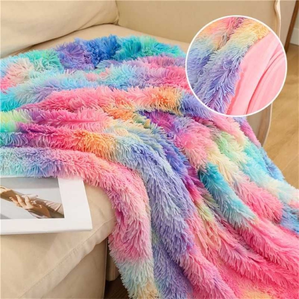 Manta de doble capa, manta larga de felpa cálida y acogedora para invierno, manta de arcoíris para sofá cama, colcha teñida anudada peluda y colorida 211227246t