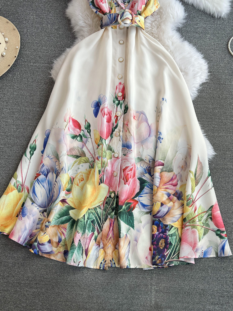 Women Dresses Summer2024 Summer Holiday Beach Dress Women's Notched Collar Sleeveless Single Breasted Floral Print Belt Long Boho Party Vestidos