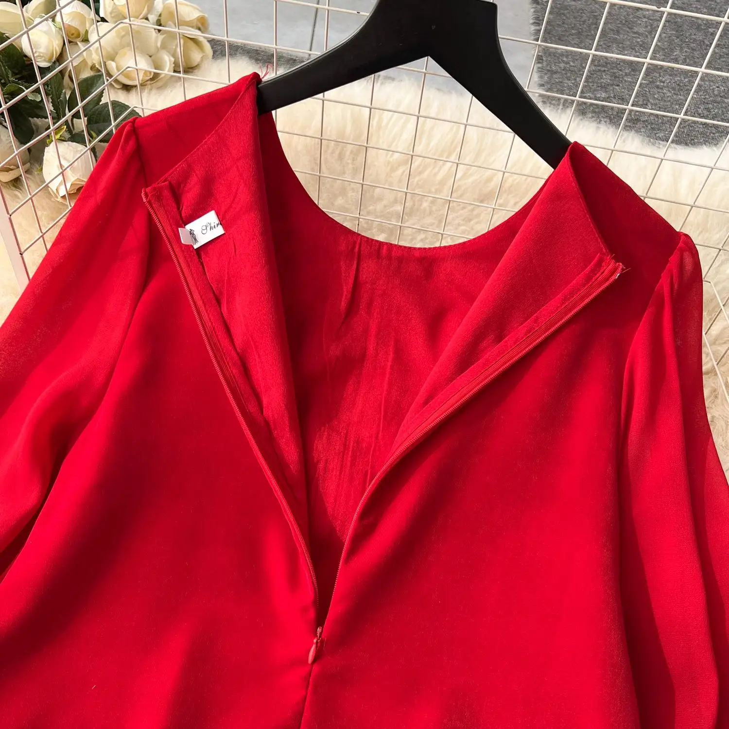 Podstawowe sukienki swobodne letni haft kwiat mini sukienka damska damka z długim rękawem Czerwony czarny biuro dama praca noszenie a-line impreza vestidos 2024