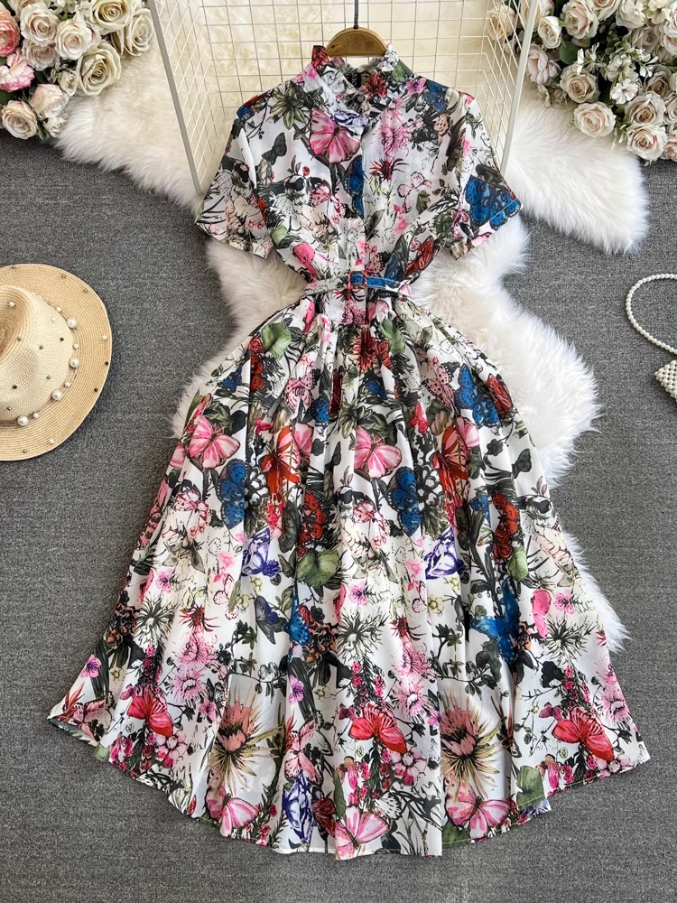 Casual Kleider Neue Sommer Runway Blume Schmetterling Hemd Kleid Für Frauen Kurzarm Mit Gürtel Vintage Print Strand Party Midi vestidos 2024