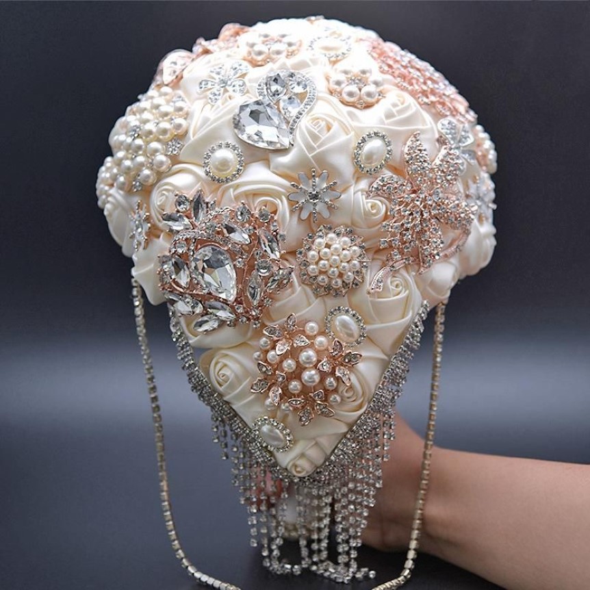 Wedding Flowers Siver Crystal Waterfall Ivory Silk Rose Gold Brooch Bridel Bouquets Pearls Bouquet Cascading Teardrop1879