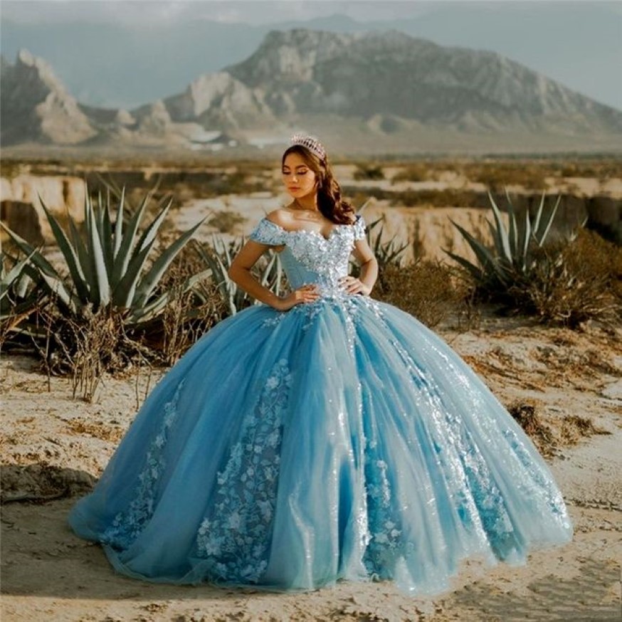 2022 ثوب الكرة الأزرق فساتين Quinceanera الأنيقة قبالة الكتف 3D الزهور الحلوة 16 فستان الأميرة حزب ارتداء Vestidos de 15 A OS B04339F