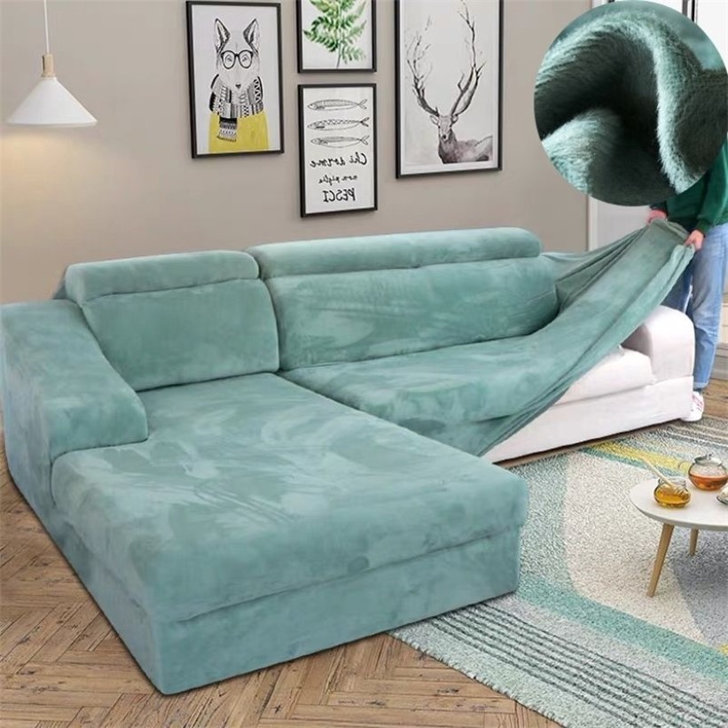 Funda de sofá de felpa de terciopelo en forma de L para sala de estar muebles elásticos funda de sofá Chaise Longue funda de sofá esquinero elástica 210317262d