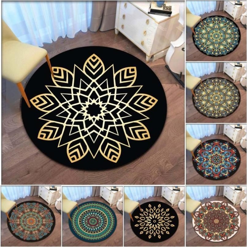 Tapetes retro mandala tapete redondo para sala de estar nórdico crianças tapete anti deslizamento computador cadeira quarto tapete casa decor248k