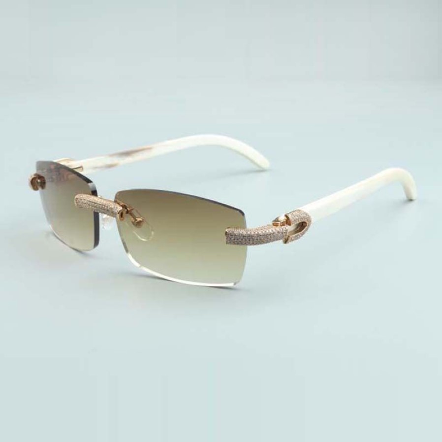 Óculos de sol micro-pavimentados com diamantes 3524012 com palitos de chifre de búfalo branco natural e lente de 56 mm198y