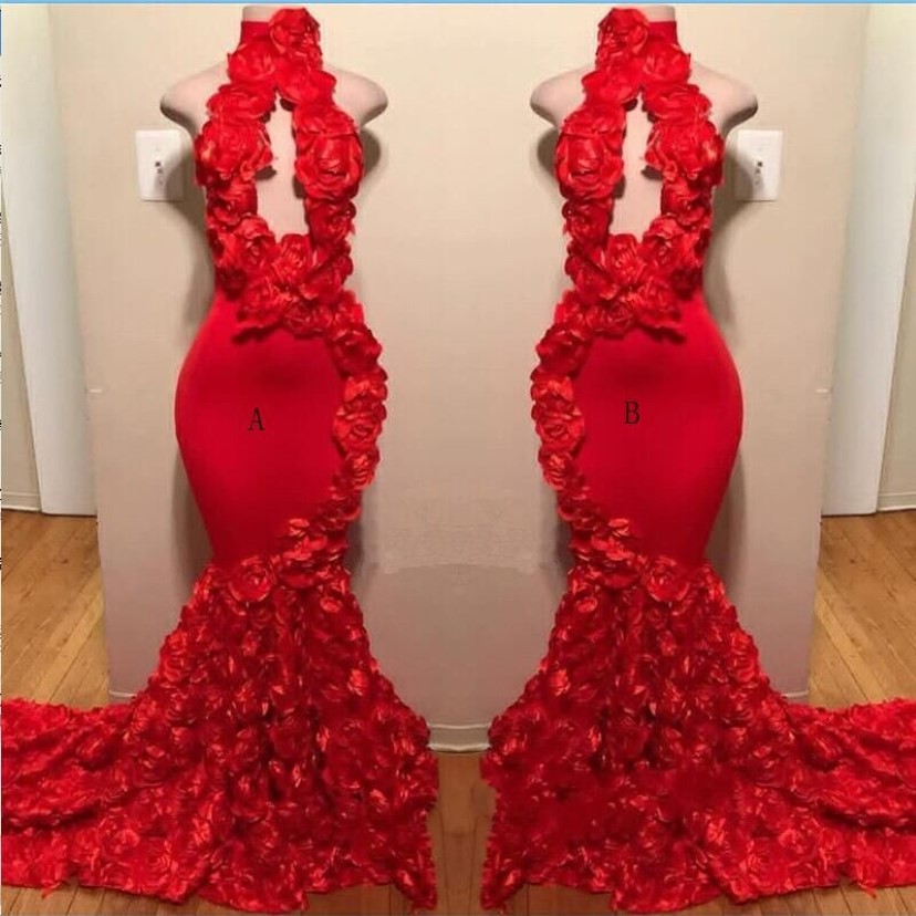 Red Rose Mermaid Prom Dresses New Sexy High Neck Appliques Formal Evening Dresses Sweep Train Cocktail Party Gowns S244H